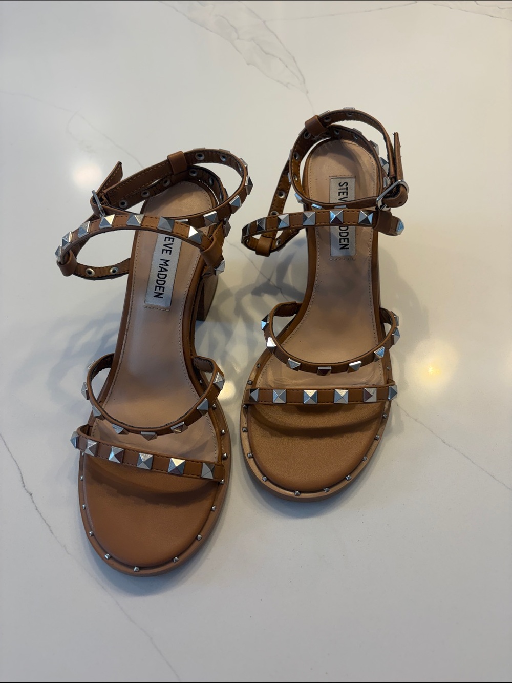 Steve Madden Brown Pyramid-Stud Strappy Sandals